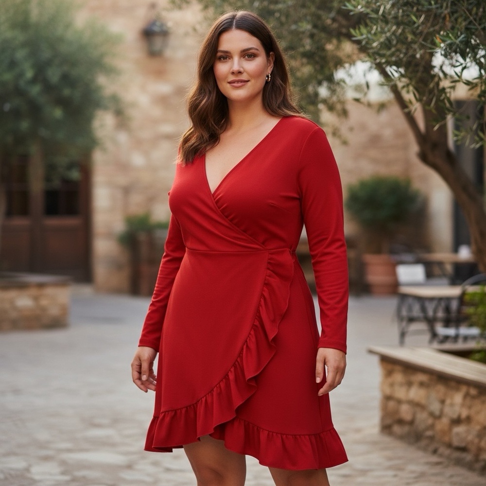 Pretty Little‎ Things Womens 20 Red Ruffle Detail Wrap Dress Long Sleeve Holiday